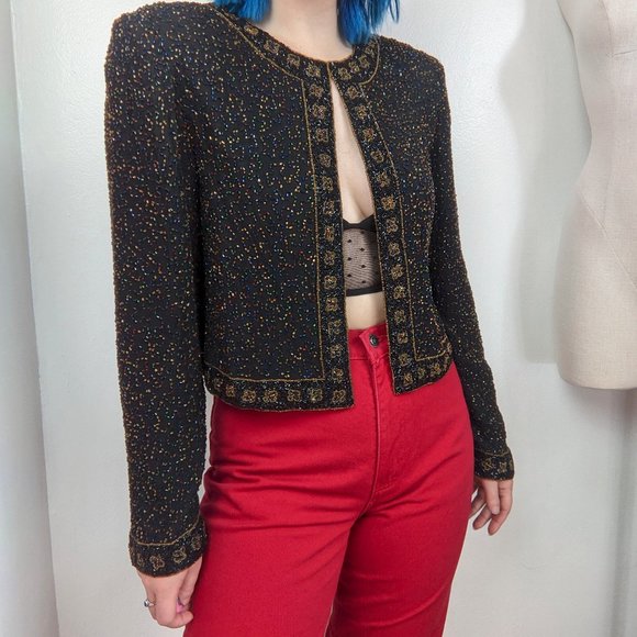 Vintage 90s Black & Multi Color Heavily Beaded Evening Jacket - Picture 3 of 10